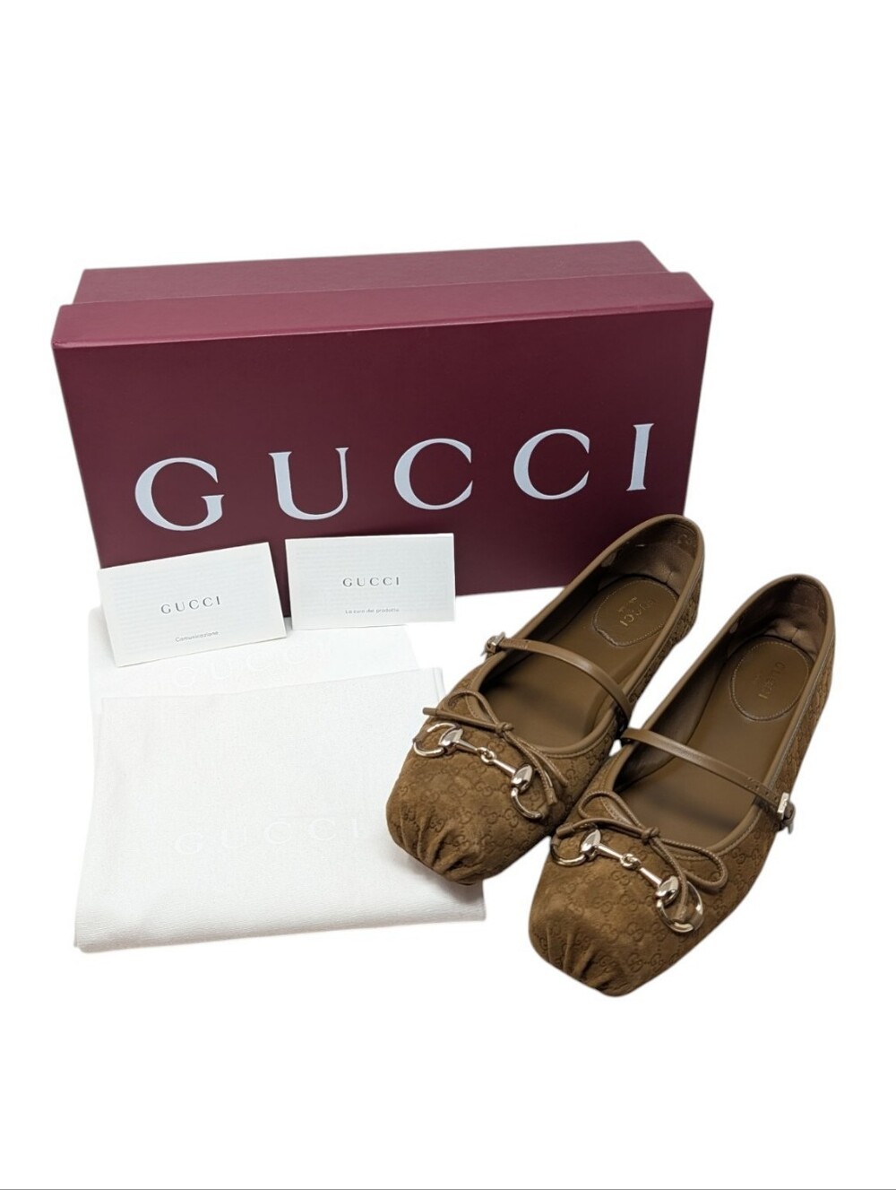 Gucci Tan Beige Monogram Suede Mary Jane Ballerina Ballet Flats Size EU 37